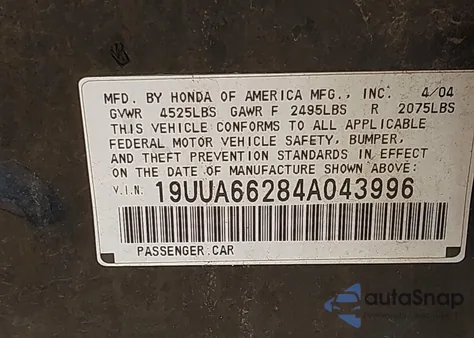 2004 Acura Tl z USA, uszkodzony, nr VIN 19UUA66284A043996